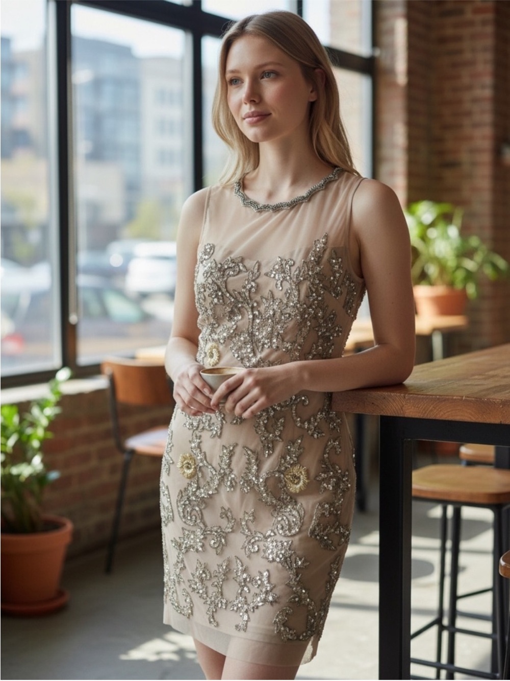 AIDAN MATTOX hand beaded Illusion Bodice
Embellished Sleeveless
Sheath Dress 4
